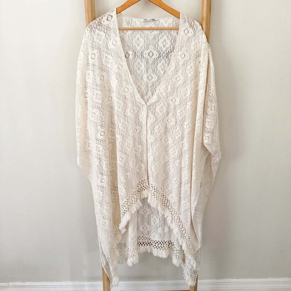 Zara Women M Ivory Crochet Lace Kaftan Swim Cover Up Fringe Boho Beach